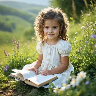 A lifelike little girl character with curly hair and a gentle smile, wearing a simple, elegant dress. She is sitting on a grassy hillside, reading a book with wildflowers around her. The soft, natural light enhances the warmth and innocence of the scene, capturing a moment of quiet joy and imagination.